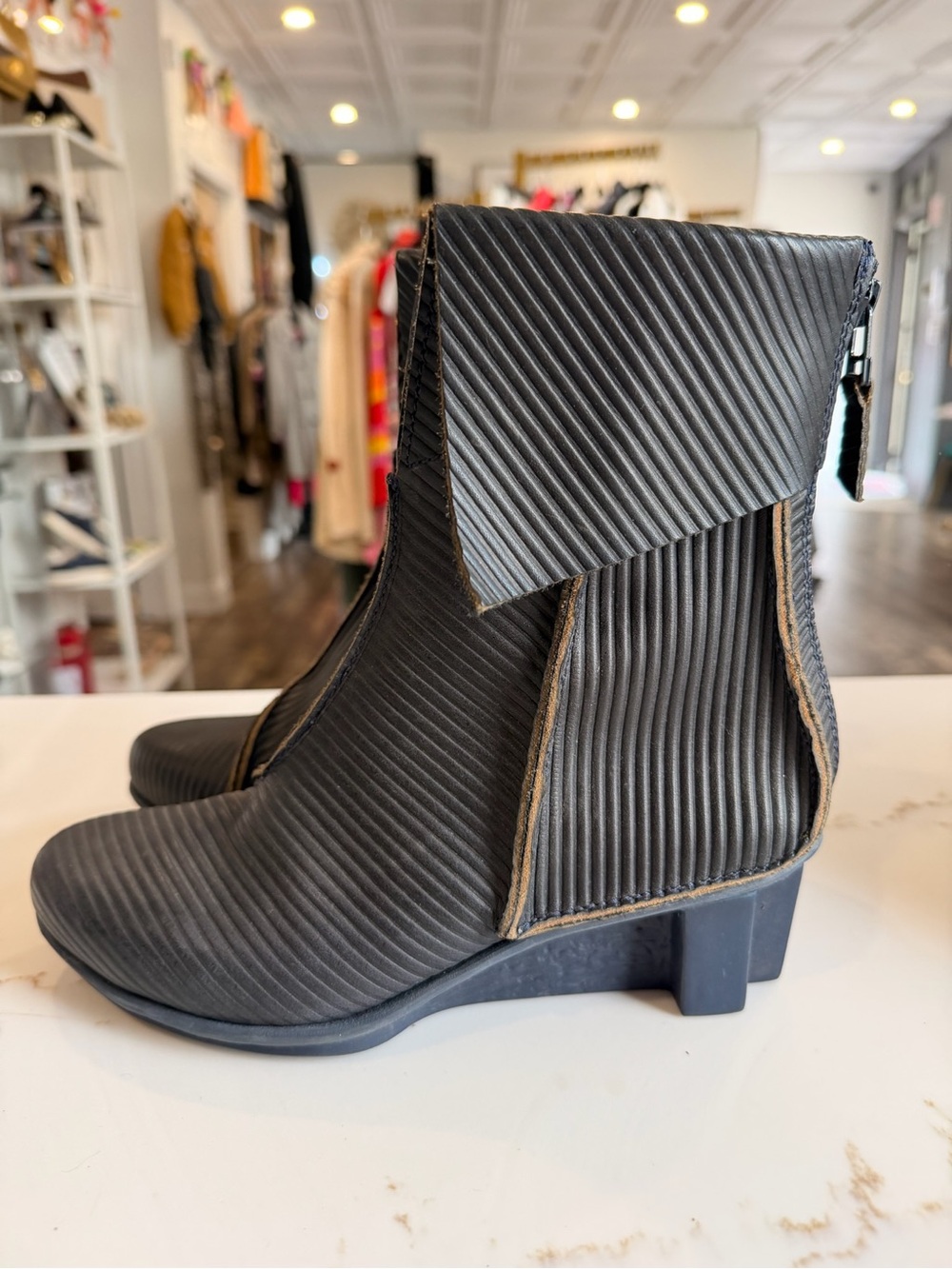 Trippen Textured Black Ankle Booties with Fold-Over Collar